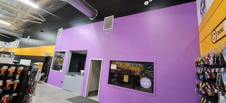 A shop interior with a long wall painted purple, yellow feature panels and display racks