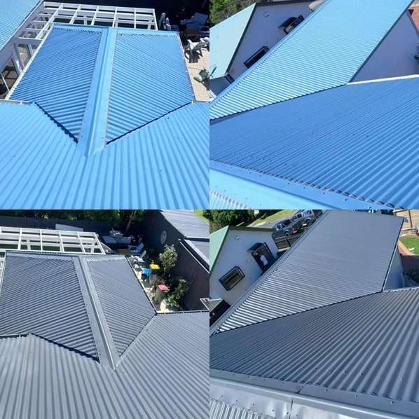 Four views from above of a corrugated metal roof, the top two in light blue and the bottom two after repainting in dark grey